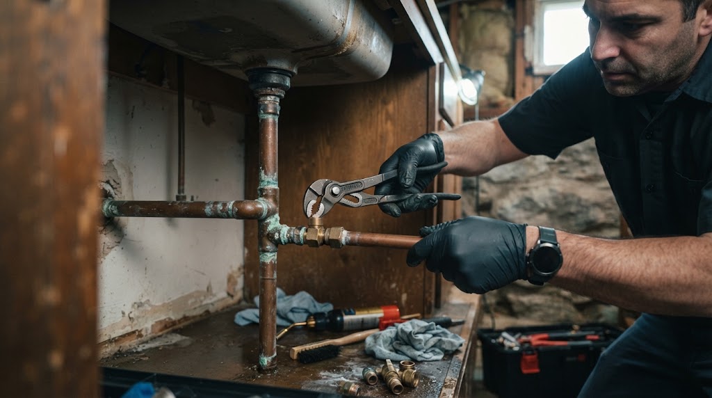 Plumber repairing a leaking copper pipe
