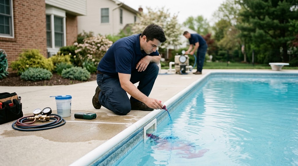 Technician performing dye test on a swimming pool skimmer